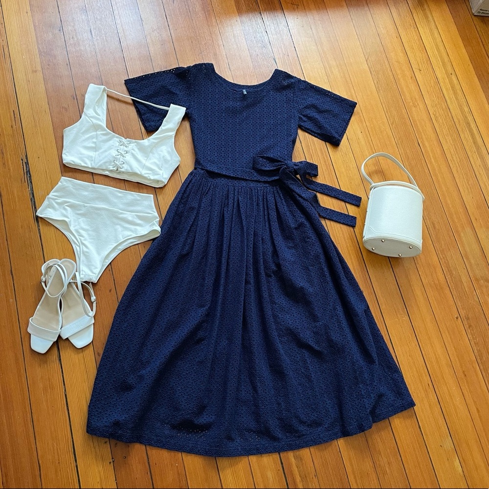 Navy Eyelet Midi Dress Resort Swim Cover Up by Lisa Marie Fernandez sz Medium